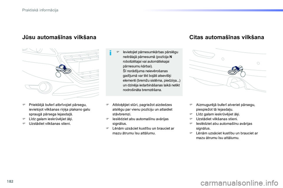 Peugeot 208 2014  Īpašnieka rokasgrāmata (in Latvian) 182
Praktiskā informācija
 
 
Jūsu automašīnas vilkšana    
Citas automašīnas vilkšana 
 
 
 
�) 
 Priekšējā buferī atbrīvojiet pārsegu, 
ievietojot vilkšanas riņķa plakano galu 
spr