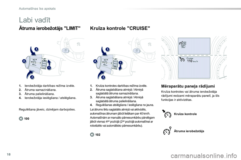 Peugeot 208 2014  Īpašnieka rokasgrāmata (in Latvian) 18
100
102
Automašīnas īss apskats
 
Labi vadīt 
 
 
 
1. 
 Ierobežotāja darbības režīma izvēle. 
   
2. 
 Ātruma samazināšana. 
   
3. 
 Ātruma palielināšana. 
   
4. 
 Ierobežotāja