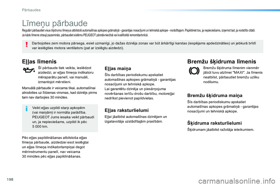 Peugeot 208 2014 Īpašnieka rokasgrāmata (in Latvian) 198
Pārbaudes
Līmeņu pārbaude
Eļļas līmenis
Šī pārbaude tiek veikta, ieslēdzot
aizdedzi, ar eļļas līmeņa indikatoru
mērapar Peugeot 208 2014 Īpašnieka rokasgrāmata (in Latvian) 198
Pārbaudes
Līmeņu pārbaude
Eļļas līmenis
Šī pārbaude tiek veikta, ieslēdzot
aizdedzi, ar eļļas līmeņa indikatoru
mērapar