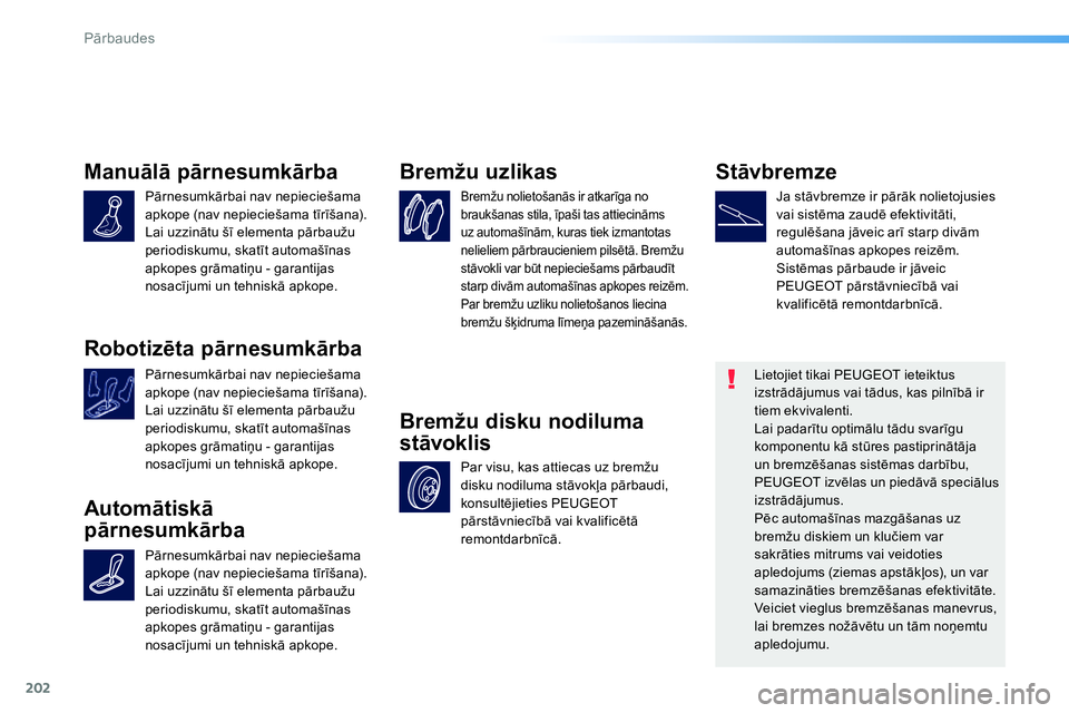 Peugeot 208 2014 Īpašnieka rokasgrāmata (in Latvian) 202
Pārbaudes
Manuālā pārnesumkārba
Pārnesumkārbai nav nepieciešama
apkope (nav nepieciešama tīrīšana).
Lai uzzinātu šī elementa pārbaužu
periodiskumu, skatīt a Peugeot 208 2014 Īpašnieka rokasgrāmata (in Latvian) 202
Pārbaudes
Manuālā pārnesumkārba
Pārnesumkārbai nav nepieciešama
apkope (nav nepieciešama tīrīšana).
Lai uzzinātu šī elementa pārbaužu
periodiskumu, skatīt a