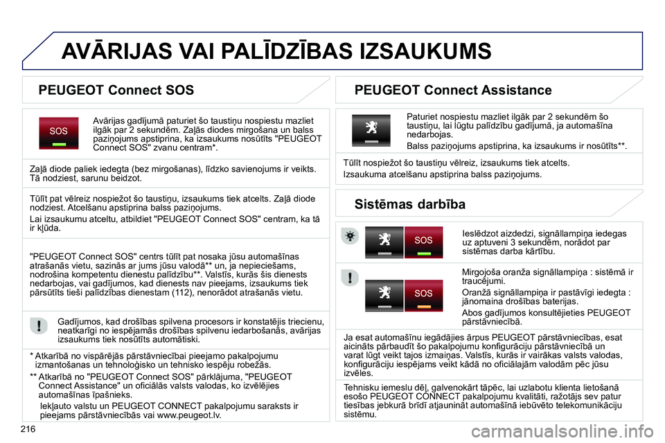 Peugeot 208 2014 Īpašnieka rokasgrāmata (in Latvian) 216
AVĀRIJAS VAI PALĪDZĪBAS IZSAUKUMS
Avārijas gadījumā paturiet šo taustiņu nospiestu mazliet
ilgāk par 2 sekundēm. Zaļās diodes mirgošana un balss
Peugeot 208 2014 Īpašnieka rokasgrāmata (in Latvian) 216
AVĀRIJAS VAI PALĪDZĪBAS IZSAUKUMS
Avārijas gadījumā paturiet šo taustiņu nospiestu mazliet
ilgāk par 2 sekundēm. Zaļās diodes mirgošana un balss