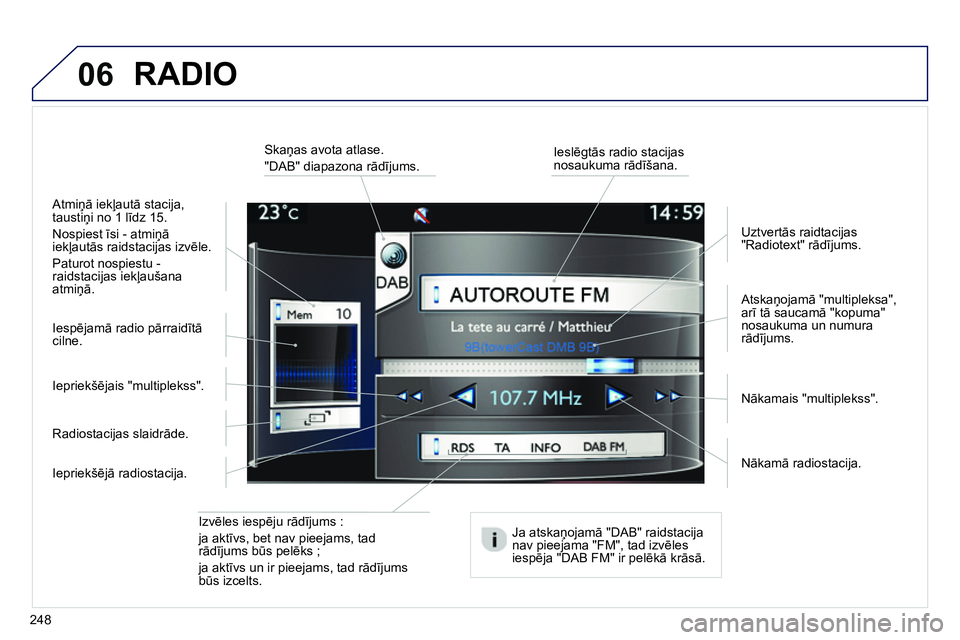 Peugeot 208 2014  Īpašnieka rokasgrāmata (in Latvian) 06
248   
Izvēles iespēju rādījums :  
ja aktīvs, bet nav pieejams, tad 
rādījums būs pelēks ;  
ja aktīvs un ir pieejams, tad rādījums 
būs izcelts.     
Atskaņojamā "multipleksa", 
ar