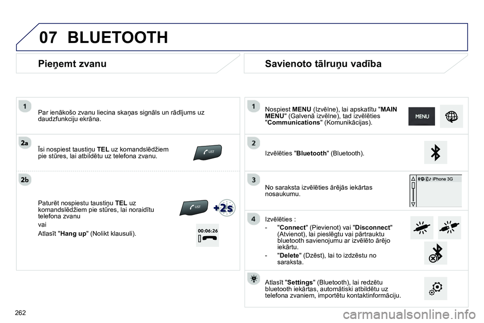 Peugeot 208 2014 Īpašnieka rokasgrāmata (in Latvian) 07
Pieņemt zvanu
Par ienākošo zvanu liecina skaņas signāls un rādījums uz
daudzfunkciju ekrāna.
Īsi nospiest taustiņu TEL
uz komandslēdžiem
pie stūres, lai atbildētu Peugeot 208 2014 Īpašnieka rokasgrāmata (in Latvian) 07
Pieņemt zvanu
Par ienākošo zvanu liecina skaņas signāls un rādījums uz
daudzfunkciju ekrāna.
Īsi nospiest taustiņu TEL
uz komandslēdžiem
pie stūres, lai atbildētu