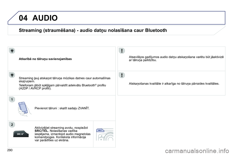 Peugeot 208 2014 Īpašnieka rokasgrāmata (in Latvian) 04
290
Streaming (straumēšana) - audio datņu nolasīšana caur Bluetooth
Atkarībā no tālruņu savienojamības
Pievienot tālruni : skatīt sadaļu ZVANĪT.
Stream Peugeot 208 2014 Īpašnieka rokasgrāmata (in Latvian) 04
290
Streaming (straumēšana) - audio datņu nolasīšana caur Bluetooth
Atkarībā no tālruņu savienojamības
Pievienot tālruni : skatīt sadaļu ZVANĪT.
Stream
