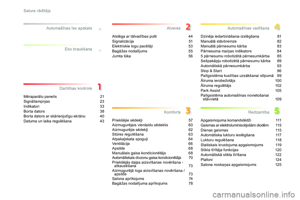 Peugeot 208 2014  Īpašnieka rokasgrāmata (in Latvian) .
.
Satura rādītājs
Mēraparātu panelis  21
Signāllampiņas 23
Indikatori 33
Borta dators  38
Borta dators ar skārienjutīgu ekrānu 40
Datuma un laika regulēšana 43
Darbības kontrole Automa�