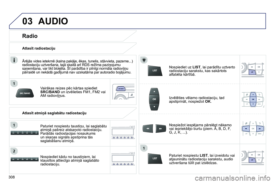 Peugeot 208 2014 Īpašnieka rokasgrāmata (in Latvian) 03 AUDIO
Vairākas reizes pēc kārtas spiediet
SRC/BAND
un izvēlieties FM1, FM2 vai
AM radioviļņus.
Nospiediet kādu no taustiņiem, lai
klausītos attiecīgo atmiņā saglabāt Peugeot 208 2014 Īpašnieka rokasgrāmata (in Latvian) 03 AUDIO
Vairākas reizes pēc kārtas spiediet
SRC/BAND
un izvēlieties FM1, FM2 vai
AM radioviļņus.
Nospiediet kādu no taustiņiem, lai
klausītos attiecīgo atmiņā saglabāt