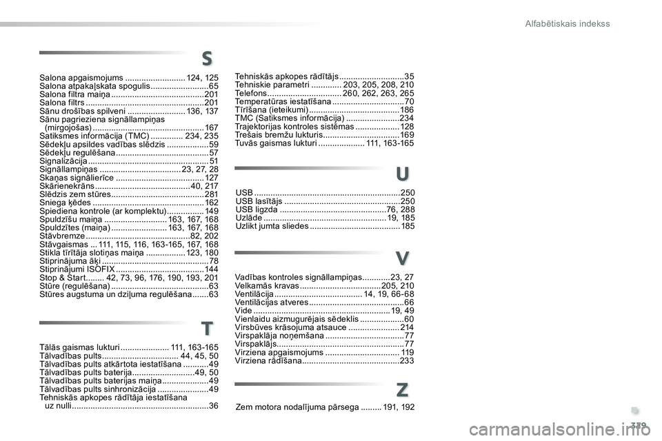 Peugeot 208 2014  Īpašnieka rokasgrāmata (in Latvian) .
329
Alfabētiskais indekss
Salona apgaismojums .......................... 124, 125
Salona atpakaļskata spogulis .........................65
Salona filtra maiņa ....................................