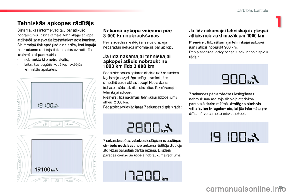 Peugeot 208 2014  Īpašnieka rokasgrāmata (in Latvian) 1
35
Darbības kontrole
 
 
 
 
 
 
 
Te h n i s kās apkopes rādītājs 
 
 
Nākamā apkope veicama pēc 
3 000 km nobraukšanas 
  Pec aizdedzes ieslēgšanas uz displeja 
neparādās nekāda info