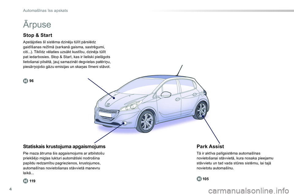 Peugeot 208 2014 Īpašnieka rokasgrāmata (in Latvian) 4
96
119105
Automašīnas īss apskats
Stop & Start
Apstājoties šī sistēma dzinēju tūlīt pārslēdz
gaidīšanas režīmā (sar kanā gaisma, sastrēgumi,
citi...). Tiklīdz vēlaties Peugeot 208 2014 Īpašnieka rokasgrāmata (in Latvian) 4
96
119105
Automašīnas īss apskats
Stop & Start
Apstājoties šī sistēma dzinēju tūlīt pārslēdz
gaidīšanas režīmā (sar kanā gaisma, sastrēgumi,
citi...). Tiklīdz vēlaties