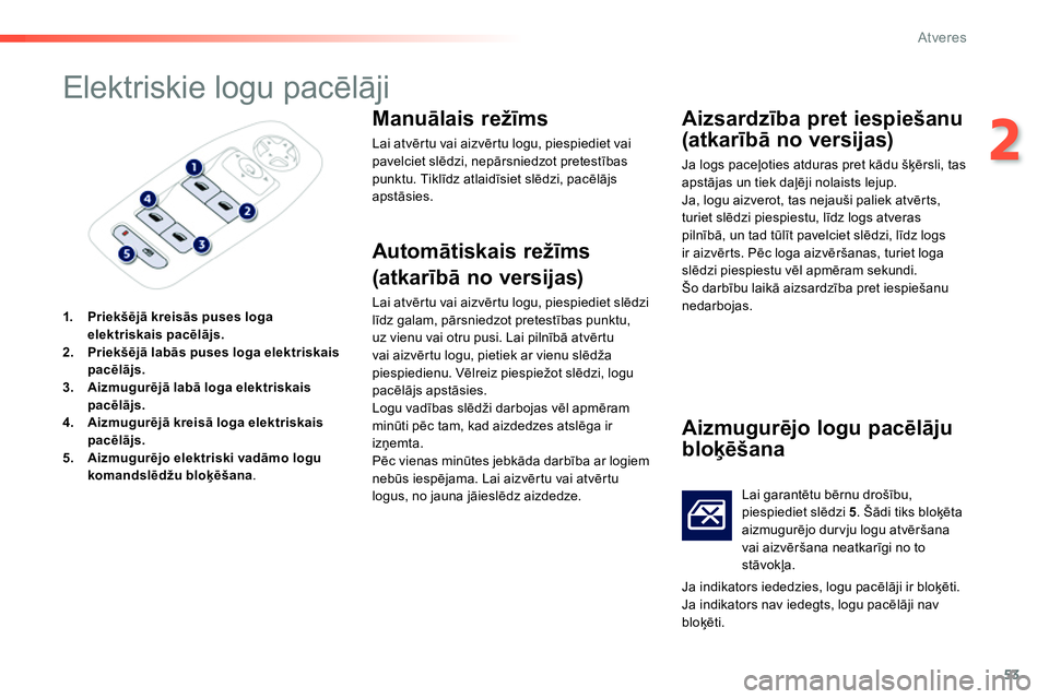 Peugeot 208 2014  Īpašnieka rokasgrāmata (in Latvian) 53
2
Atveres
   
 
 
 
 
 
 
 
Elektriskie logu pacēlāji 
 
 
 
1. 
  Priekšējā kreisās puses loga 
elektriskais pacēlājs. 
 
   
2. 
  Priekšējā labās puses loga elektriskais 
pacēlājs.