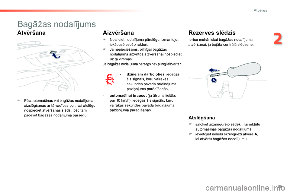 Peugeot 208 2014  Īpašnieka rokasgrāmata (in Latvian) 55
2
Atveres
   
 
 
 
 
 
 
 
 
 
 
 
 
 
 
Bagāžas nodalījums 
 
 
 
�) 
 Pēc automašīnas vai bagāžas nodalījuma 
aizslēgšanas ar tālvadības pulti vai atslēgu 
nospiediet atvēršanas 