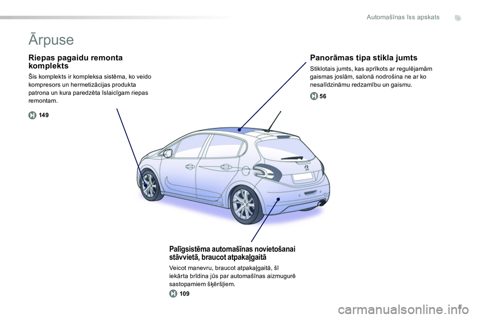 Peugeot 208 2014  Īpašnieka rokasgrāmata (in Latvian) .
5
14 956
109
Automašīnas īss apskats
 
 
Riepas pagaidu remonta 
komplekts 
  Šis komplekts ir kompleksa sistēma, ko veido 
kompresors un hermetizācijas produkta 
patrona un kura paredzēta ī