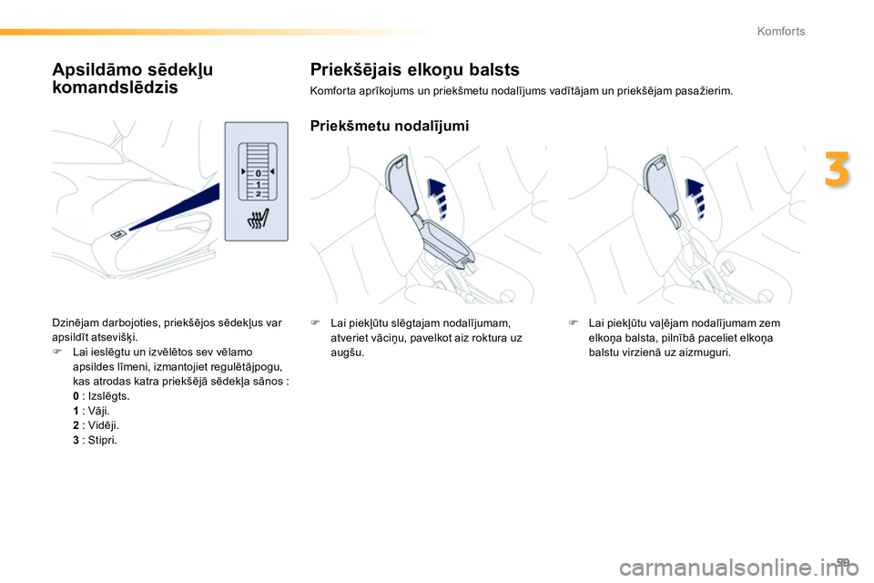 Peugeot 208 2014  Īpašnieka rokasgrāmata (in Latvian) 59
3
Komfor ts
   
 
 
 
 
 
 
 
 
Apsildāmo sēdekļu 
komandslēdzis    
 
 
 
 
 
 
 
 
Priekšējais elkoņu balsts 
 
Komfor ta aprīkojums un priekšmetu nodalījums vadītājam un priekšējam