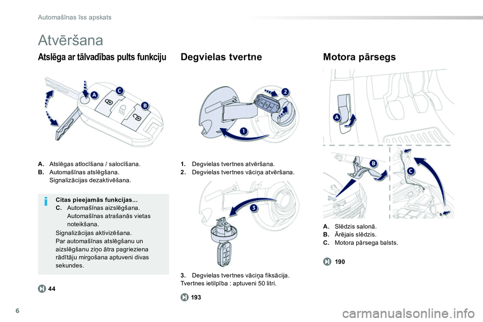 Peugeot 208 2014  Īpašnieka rokasgrāmata (in Latvian) 6
193 44190
Automašīnas īss apskats
 
Atvēršana 
 
 
A. 
 Atslēgas atlocīšana / salocīšana. 
   
B. 
 Automašīnas atslēgšana.  
 Signalizācijas dezaktivēšana. 
 
 
Atslēga ar tālvad