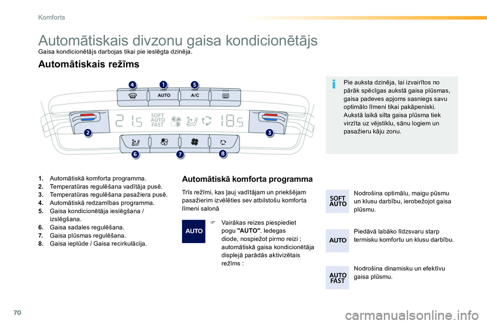 Peugeot 208 2014  Īpašnieka rokasgrāmata (in Latvian) 70
Komfor ts
   
 
 
 
 
 
 
 
 
 
 
 
 
 
Automātiskais divzonu gaisa kondicionētājs  
Gaisa kondicionētājs darbojas tikai pie ieslēgta dzinēja. 
 
 
Automātiskais režīms 
 
 
Automātiskā