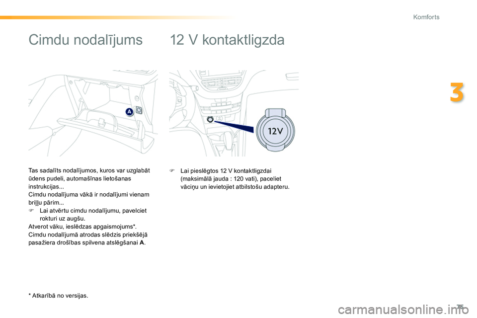 Peugeot 208 2014  Īpašnieka rokasgrāmata (in Latvian) 75
3
Komfor ts
   
 
 
 
 
12 V kontaktligzda  
   
 
 
 
 
 
 
 
 
 
 
 
Cimdu nodalījums 
 
 
Tas sadalīts nodalījumos, kuros var uzglabāt 
ūdens pudeli, automašīnas lietošanas 
instrukcijas