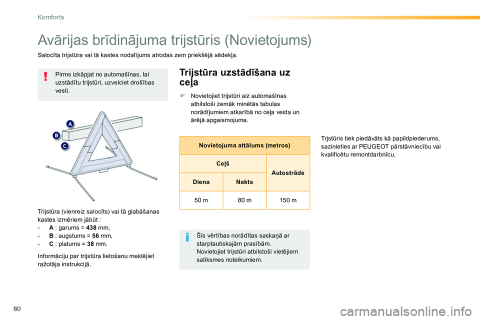 Peugeot 208 2014  Īpašnieka rokasgrāmata (in Latvian) 80
Komfor ts
  Avārijas brīdinājuma trijstūris (Novietojums) 
 
 
 
 
 
 
 
 
 
 
 
 
 
 
Pirms izkāpjat no automašīnas, lai 
uzstādītu trijstūri, uzvelciet drošības 
vesti.  
   
Tr i j s
