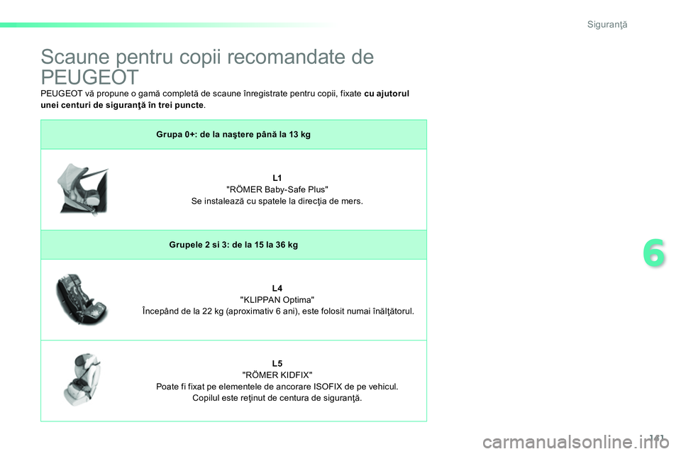 Peugeot 208 2014 Manualul de utilizare (in Romanian) 141
6
Siguranţă
Scaune pentru copii recomandate de
PEUGEOT
Grupa 0+: de la naştere până la 13 kg
L1
"RÖMER Baby-Safe Plus"
Se instalează Peugeot 208 2014 Manualul de utilizare (in Romanian) 141
6
Siguranţă
Scaune pentru copii recomandate de
PEUGEOT
Grupa 0+: de la naştere până la 13 kg
L1
"RÖMER Baby-Safe Plus"
Se instalează