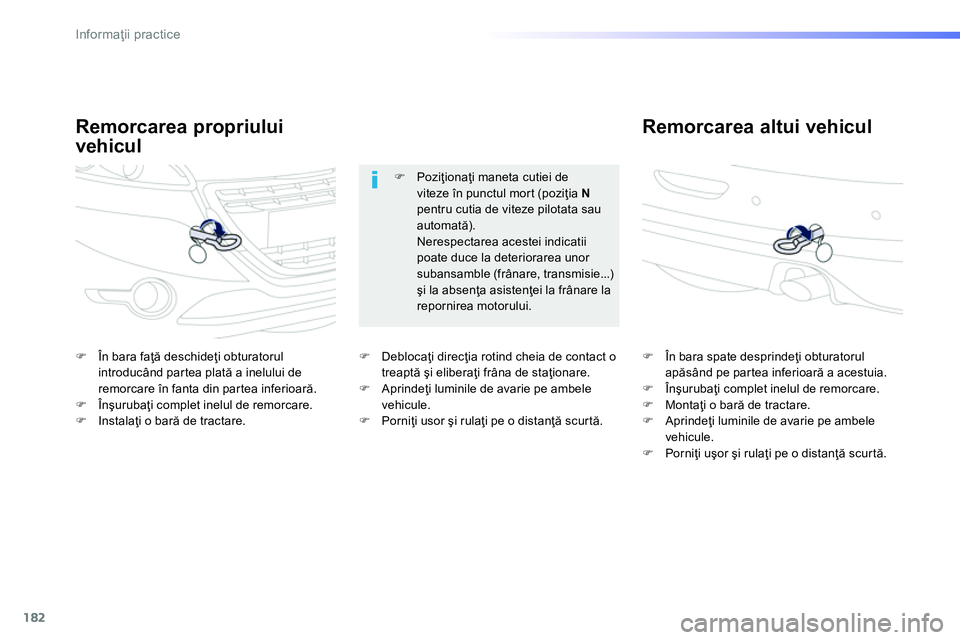 Peugeot 208 2014  Manualul de utilizare (in Romanian) 182
Informaţii practice
 
 
Remorcarea propriului 
vehicul    
Remorcarea altui vehicul 
 
 
 
�) 
  În bara faţă deschideţi obturatorul 
introducând partea plată a inelului de 
remorcare în f
