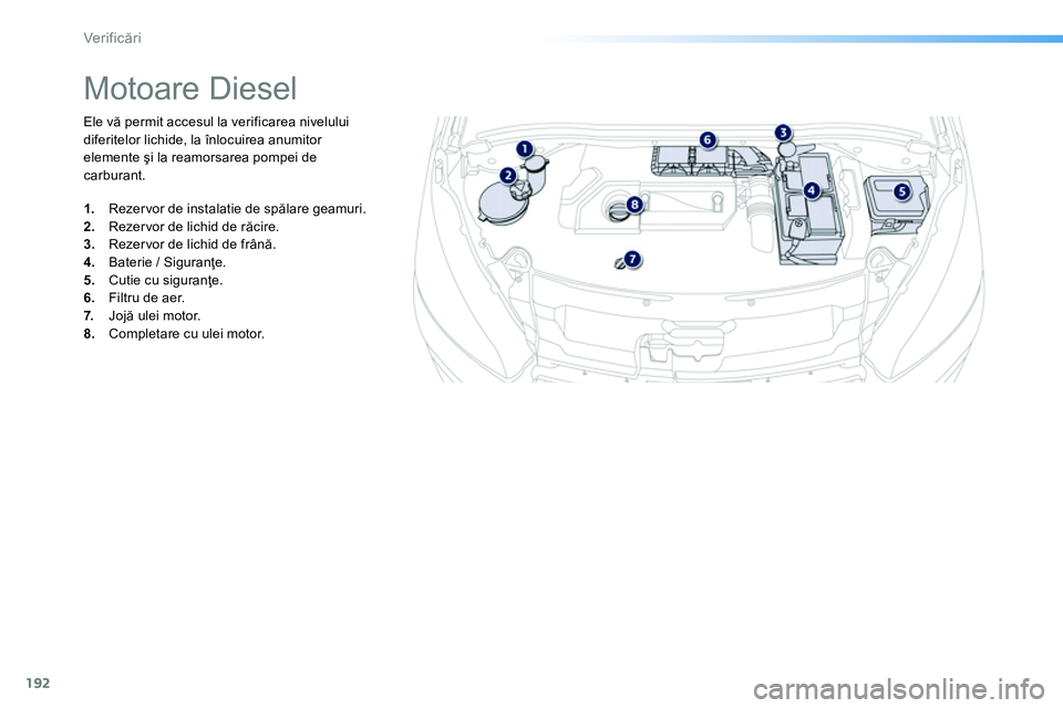 Peugeot 208 2014 Manualul de utilizare (in Romanian) 192
Ver if icări
Ele vă permit accesul la verificarea nivelului
diferitelor lichide, la înlocuirea anumitor
elemente şi la reamorsarea pompei de
carburant.
Moto Peugeot 208 2014 Manualul de utilizare (in Romanian) 192
Ver if icări
Ele vă permit accesul la verificarea nivelului
diferitelor lichide, la înlocuirea anumitor
elemente şi la reamorsarea pompei de
carburant.
Moto