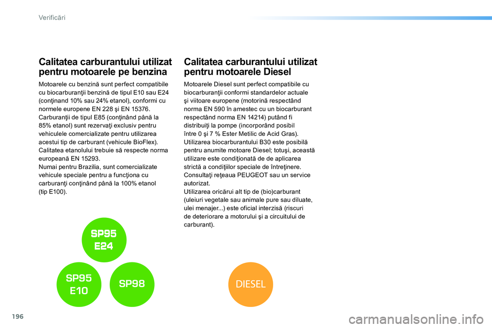 Peugeot 208 2014 Manualul de utilizare (in Romanian) 196
Ver if icări
Calitatea carburantului utilizat
pentru motoarele pe benzina
Motoarele cu benzină sunt per fect compatibile
cu biocarburanţii benzină de tipul E10 sau E Peugeot 208 2014 Manualul de utilizare (in Romanian) 196
Ver if icări
Calitatea carburantului utilizat
pentru motoarele pe benzina
Motoarele cu benzină sunt per fect compatibile
cu biocarburanţii benzină de tipul E10 sau E