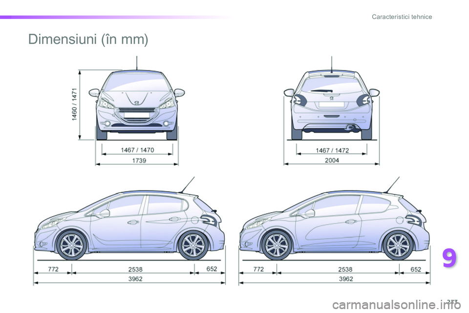 Peugeot 208 2014 Manualul de utilizare (in Romanian) 9
213
Caracteristici tehnice
Dimensiuni (în mm) Peugeot 208 2014 Manualul de utilizare (in Romanian) 9
213
Caracteristici tehnice
Dimensiuni (în mm)
