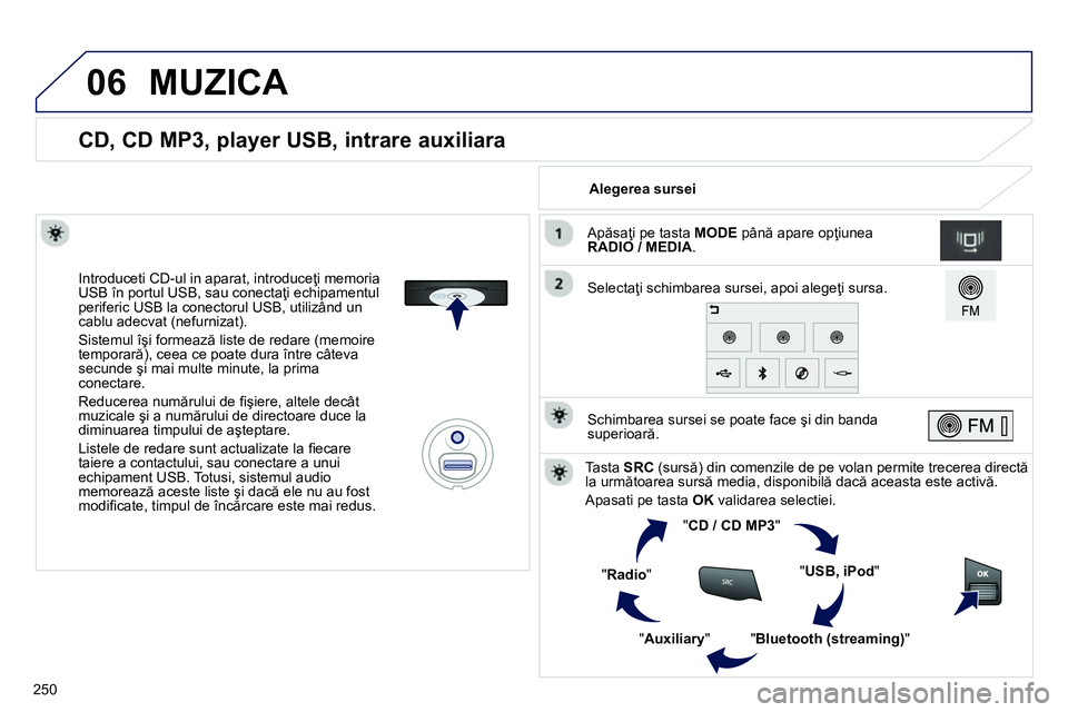 Peugeot 208 2014  Manualul de utilizare (in Romanian) 06
250
   
 
 
 
 
 
 
 
 
 
 
 
 
 
CD, CD MP3, player USB, intrare auxiliara 
 
 
Introduceti CD-ul in aparat, introduceţi memoria 
USB în portul USB, sau conectaţi echipamentul 
periferic USB la