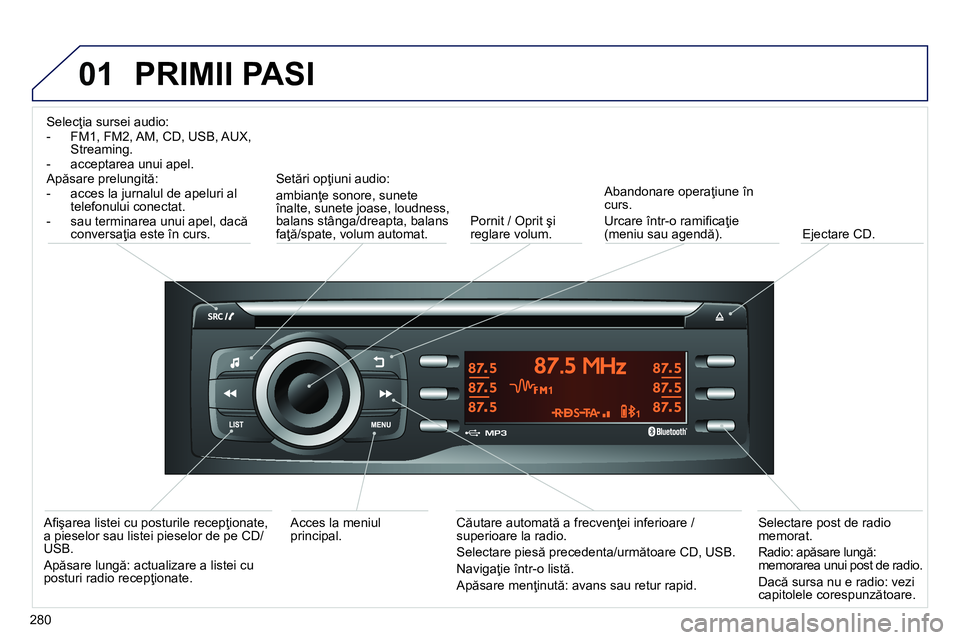 Peugeot 208 2014 Manualul de utilizare (in Romanian) 01
280
PRIMII PASI
Selecţia sursei audio:
- FM1, FM2, AM, CD, USB, AUX,
Streaming.
- acceptarea unui apel.
Apăsare prelungită:
- acces la jurnalul de apeluri al
telefonului c Peugeot 208 2014 Manualul de utilizare (in Romanian) 01
280
PRIMII PASI
Selecţia sursei audio:
- FM1, FM2, AM, CD, USB, AUX,
Streaming.
- acceptarea unui apel.
Apăsare prelungită:
- acces la jurnalul de apeluri al
telefonului c