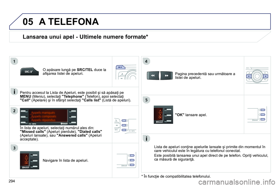 Peugeot 208 2014 Manualul de utilizare (in Romanian)
05
294
A TELEFONA
O apăsare lungă pe SRC/TEL
duce la
afi şarea listei de apeluri.
În lista de apeluri, selectaţi numărul ales din:
"
Missed calls
"
(Apeluri pie Peugeot 208 2014 Manualul de utilizare (in Romanian)
05
294
A TELEFONA
O apăsare lungă pe SRC/TEL
duce la
afi şarea listei de apeluri.
În lista de apeluri, selectaţi numărul ales din:
"
Missed calls
"
(Apeluri pie