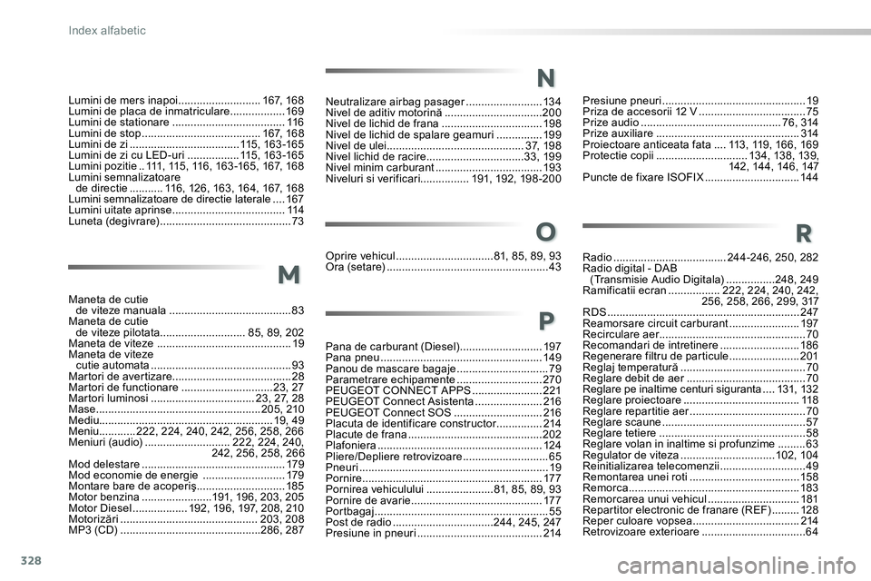 Peugeot 208 2014 Manualul de utilizare (in Romanian) 328
Index alfabetic
Maneta de cutie
de viteze manuala ........................................83
Maneta de cutie
de viteze pilotata............................ 85, 89, 202
Maneta de viteze ........ Peugeot 208 2014 Manualul de utilizare (in Romanian) 328
Index alfabetic
Maneta de cutie
de viteze manuala ........................................83
Maneta de cutie
de viteze pilotata............................ 85, 89, 202
Maneta de viteze ........