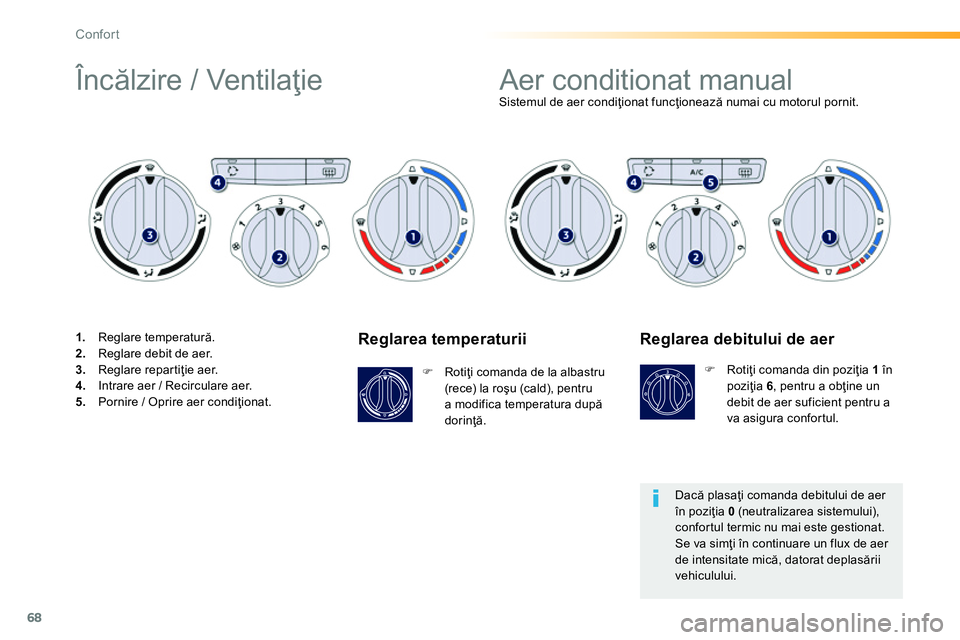 Peugeot 208 2014  Manualul de utilizare (in Romanian) 68
Confort
   
Reglarea temperaturii 
 
 
 
�) 
 Rotiţi comanda de la albastru 
(rec e) la roşu (cald), pentru 
a modifica temperatura după 
dorinţă.  
    
 
 
 
 
 
 
 
 
 
 
 
 
 
 
 
Sistemul