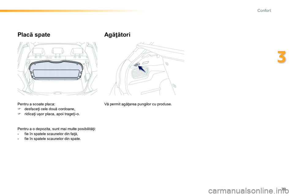 Peugeot 208 2014  Manualul de utilizare (in Romanian) 79
3
Confort
   
 
 
 
 
 
Placă spate    
 
 
 
 
 
Agăţători 
 
Pentru a scoate placa: 
   
 
�) 
 desfaceţi cele două cordoane, 
   
�) 
 ridicaţi uşor placa, apoi trageţi-o.  
  Pentru a 