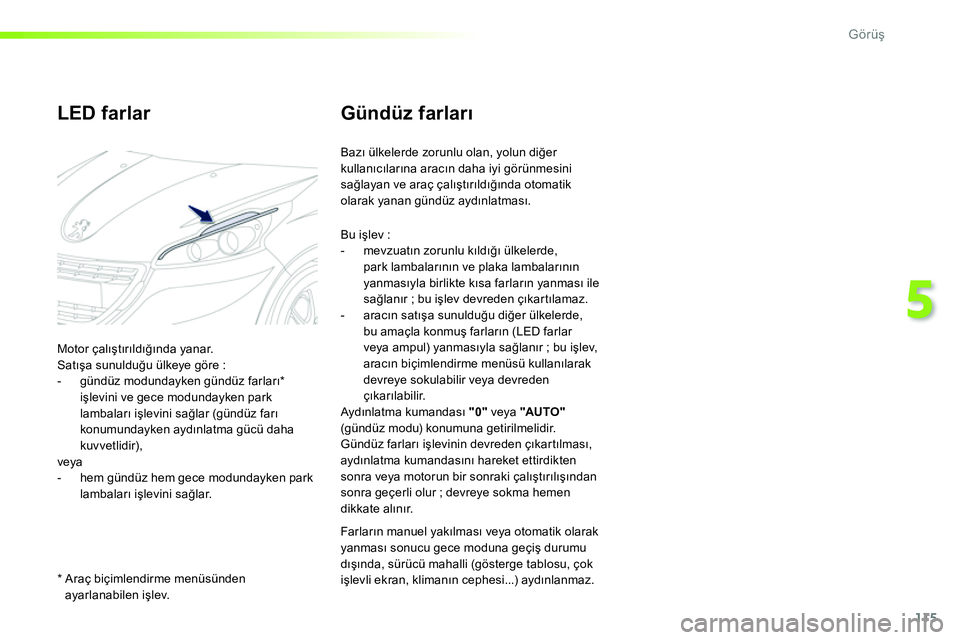 Peugeot 208 2014 Kullanım Kılavuzu (in Turkish) 115
5
Görüş
Gündüz farları
Bazı ülkelerde zorunlu olan, yolun diğer
kullanıcılarına aracın daha iyi görünmesini
sağlayan ve araç çalıştırıldığında otomatik Peugeot 208 2014 Kullanım Kılavuzu (in Turkish) 115
5
Görüş
Gündüz farları
Bazı ülkelerde zorunlu olan, yolun diğer
kullanıcılarına aracın daha iyi görünmesini
sağlayan ve araç çalıştırıldığında otomatik