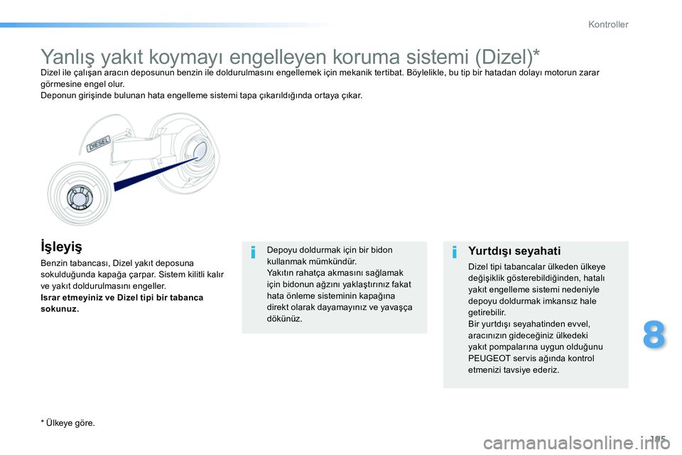 Peugeot 208 2014 Kullanım Kılavuzu (in Turkish) 195
8
Kontroller
İşleyiş
Benzin tabancası, Dizel yakıt deposuna
sokulduğunda kapağa çarpar. Sistem kilitli kalır
ve yakıt doldurulmasını engeller.
Israr etmeyiniz ve Dizel ti Peugeot 208 2014 Kullanım Kılavuzu (in Turkish) 195
8
Kontroller
İşleyiş
Benzin tabancası, Dizel yakıt deposuna
sokulduğunda kapağa çarpar. Sistem kilitli kalır
ve yakıt doldurulmasını engeller.
Israr etmeyiniz ve Dizel ti