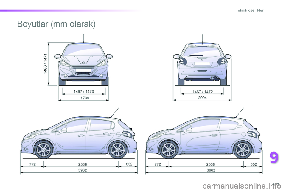 Peugeot 208 2014  Kullanım Kılavuzu (in Turkish) 9
213
Te k n i k  ö z e l l i k l e r
   
 
 
 
 
Boyutlar (mm olarak)  