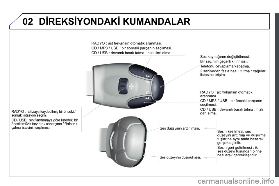 Peugeot 208 2014 Kullanım Kılavuzu (in Turkish) 02 DİREKSİYONDAKİ KUMANDALAR
281
RADYO : hafızaya kaydedilmiş bir önceki /
sonraki istasyon seçimi.
CD / USB : sınıfl andırmaya göre listedeki bir
önceki müzik tar Peugeot 208 2014 Kullanım Kılavuzu (in Turkish) 02 DİREKSİYONDAKİ KUMANDALAR
281
RADYO : hafızaya kaydedilmiş bir önceki /
sonraki istasyon seçimi.
CD / USB : sınıfl andırmaya göre listedeki bir
önceki müzik tar