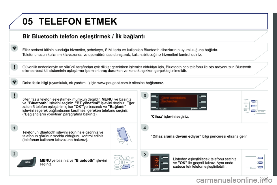 Peugeot 208 2014  Kullanım Kılavuzu (in Turkish) 05
291
  TELEFON ETMEK 
 
 
 
 
 
 
 
 
 
 
Bir Bluetooth telefon eşleştirmek / İlk bağlantı 
 
 
Eller serbest kitinin sunduğu hizmetler, şebekeye, SIM karta ve kullanılan Bluetooth cihazlar