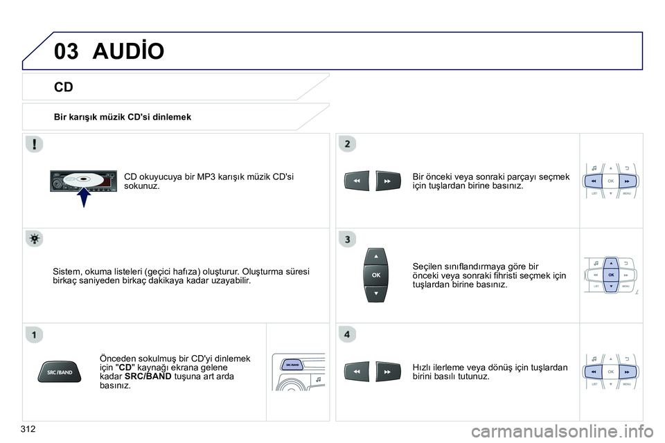 Peugeot 208 2014  Kullanım Kılavuzu (in Turkish) 03
312
   
CD 
 
AUDİO 
 
 
Bir karışık müzik CDsi dinlemek  
   
CD okuyucuya bir MP3 karışık müzik CDsi 
sokunuz.  
   
Sistem, okuma listeleri (geçici hafıza) oluşturur. Oluşturma s