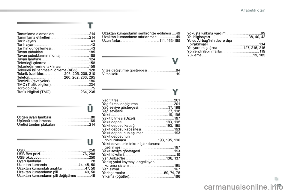 Peugeot 208 2014  Kullanım Kılavuzu (in Turkish) .
329
Alfabetik dizin
Ta nımlama elemanları .................................. 214
Ta nımlama etiketleri ...................................... 214
Tarih (ayar) ....................................