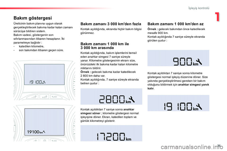 Peugeot 208 2014  Kullanım Kılavuzu (in Turkish) 1
35
İşleyiş kontrolü
 
 
 
 
 
 
 
Bakım göstergesi 
 
 
Bakım zamanı 3 000 kmden fazla 
 
Kontak açıldığında, ekranda hiçbir bakım bilgisi 
görünmez.      
Üreticinin bakım plan