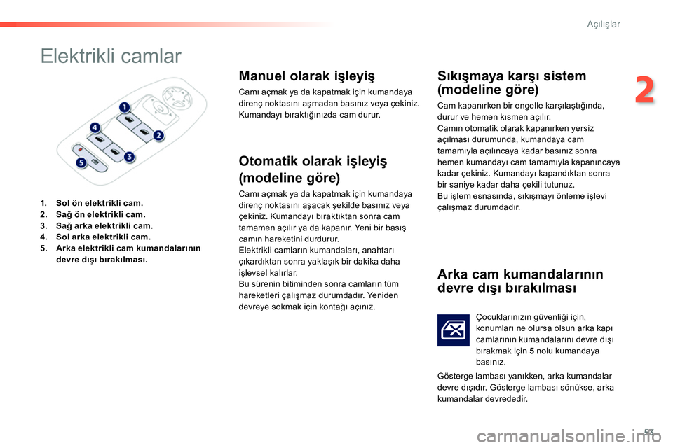 Peugeot 208 2014 Kullanım Kılavuzu (in Turkish) 53
2
Açılışlar
Elektrikli camlar
1.
Sol ön elektrikli cam.
2.
Sağ ön elektrikli cam.
3.
Sağ arka elektrikli cam.
4.
Sol arka elektrikl Peugeot 208 2014 Kullanım Kılavuzu (in Turkish) 53
2
Açılışlar
Elektrikli camlar
1.
Sol ön elektrikli cam.
2.
Sağ ön elektrikli cam.
3.
Sağ arka elektrikli cam.
4.
Sol arka elektrikl