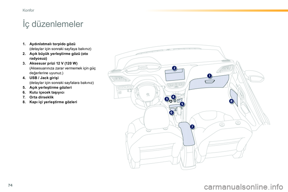Peugeot 208 2014  Kullanım Kılavuzu (in Turkish) 74
Konfor
   
 
 
 
 
 
 
 
 
 
 
 
 
 
 
 
 
İç düzenlemeler 
 
 
 
1. 
  Aydınlatmalı torpido gözü 
   
  (detaylar için sonraki sayfaya bakınız) 
   
2. 
  Açık büyük yerleştirme gö