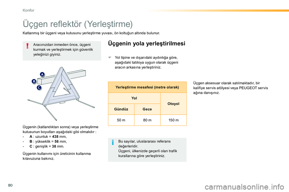 Peugeot 208 2014  Kullanım Kılavuzu (in Turkish) 80
Konfor
  Üçgen reﬂ ektör (Yerleştirme) 
 
 
 
 
 
 
 
 
 
 
 
 
 
Aracınızdan inmeden önce, üçgeni 
kurmak ve yerleştirmek için güvenlik 
yeleğinizi giyiniz.  
   
Üçgenin (katland