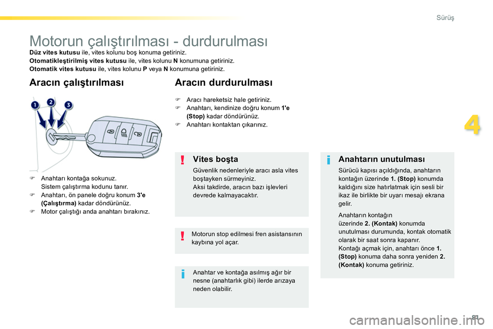 Peugeot 208 2014  Kullanım Kılavuzu (in Turkish) 81
4
Sürüş
 
 
 
 
 
 
 
 
 
Motorun çalıştırılması - durdurulması  
 
Düz vites kutusu 
 ile, vites kolunu boş konuma getiriniz. 
   
Otomatikleştirilmiş vites kutusu 
 ile, vites kolun