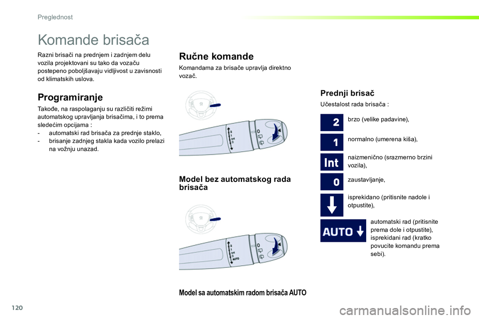 Peugeot 208 2014  Упутство за употребу (in Serbian) 120
Preglednost
   
 
 
 
 
 
 
 
Komande brisača 
 
 
Programiranje 
 
Ta k ođe, na raspolaganju su različiti režimi 
automatskog upravljanja brisačima, i to prema 
sledećim opcijama : 
   
 
-