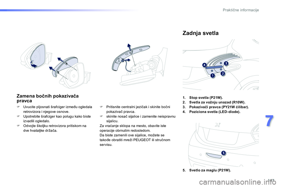 Peugeot 208 2014  Упутство за употребу (in Serbian) 167
7
Praktične informacije
 
 
 
1. 
  Stop svetla (P21W). 
 
   
2. 
  Svetla za vožnju unazad (R10W). 
 
   
3. 
  Pokazivači pravca ( 
 
PY21W 
  ćilibar). 
 
   
4. 
  Poziciona svetla (LED-d