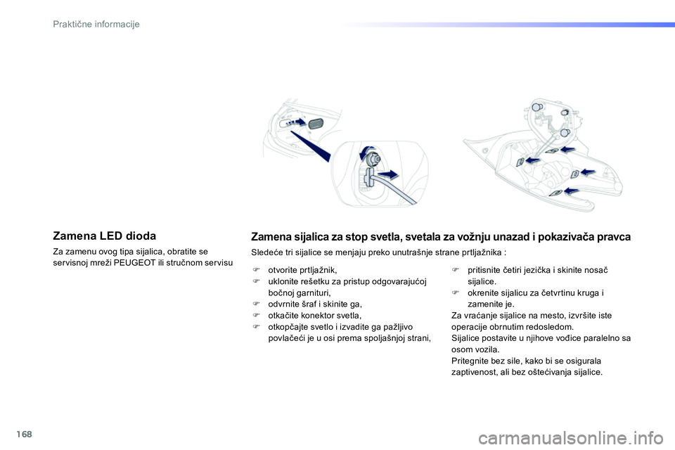 Peugeot 208 2014  Упутство за употребу (in Serbian) 168
Praktične informacije
 
 
 
 
 
 
 
 
 
 
 
 
 
 
 
 
 
 
 
 
 
 
 
 
 
 
 
 
 
Zamena sijalica za stop svetla, svetala za vožnju unazad i pokazivača pravca 
 
Sledeće tri sijalice se menjaju 