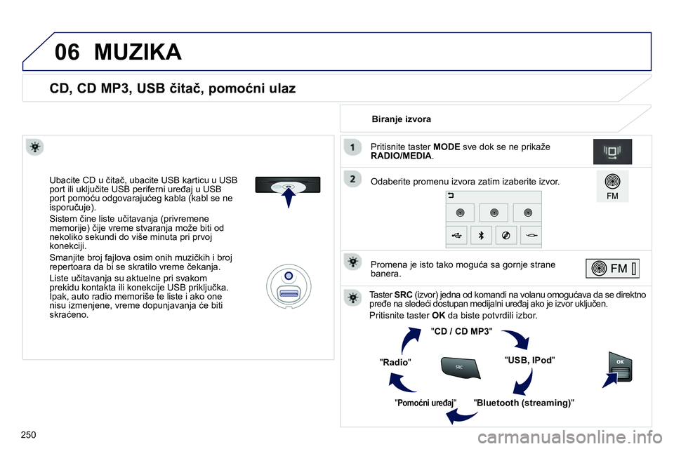 Peugeot 208 2014  Упутство за употребу (in Serbian) 06
250
   
 
 
 
 
 
 
 
 
 
 
 
 
 
CD, CD MP3, USB čitač, pomoćni ulaz 
 
 
Ubacite CD u čitač, ubacite USB karticu u USB 
port ili uključite USB periferni uređaj u USB 
port pomoću odgovara