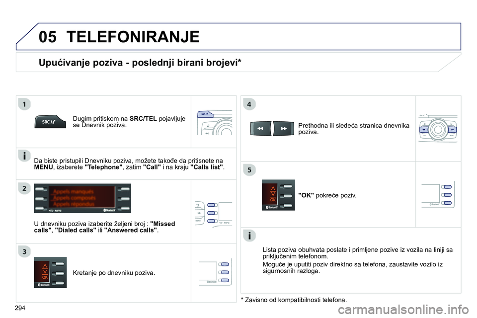 Peugeot 208 2014  Упутство за употребу (in Serbian)  
  
05
294
  TELEFONIRANJE 
 
 
Dugim pritiskom na  SRC/TEL 
 pojavljuje 
se Dnevnik poziva.  
   
U dnevniku poziva izaberite željeni broj :  "Missed 
calls" 
,  "Dialed calls" 
 ili  "Answered cal