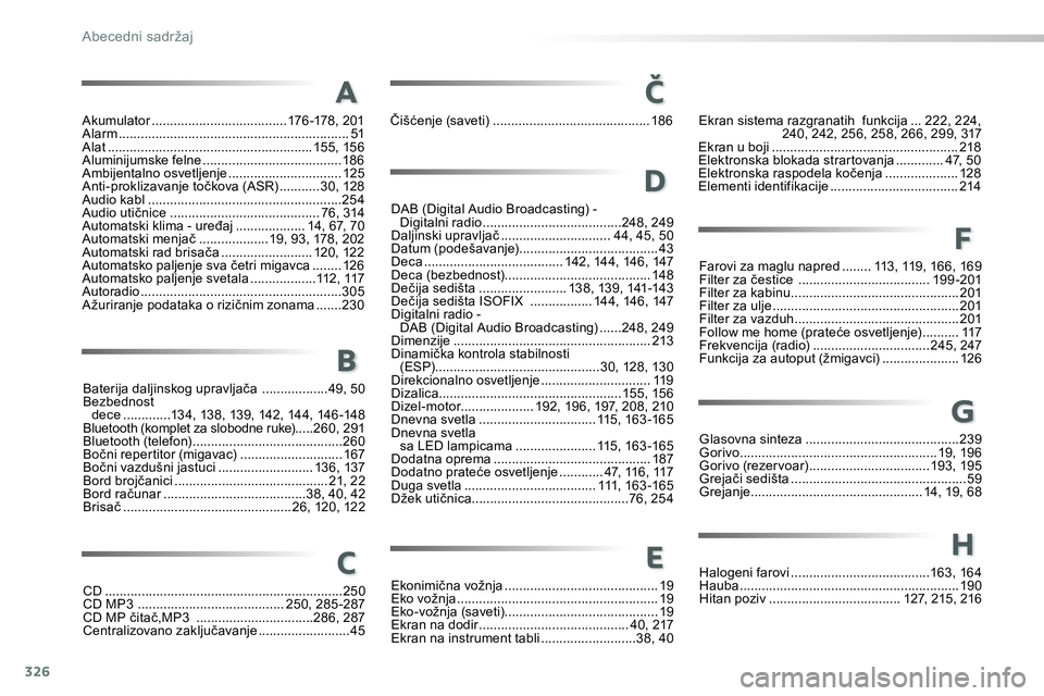 Peugeot 208 2014 Упутство за употребу (in Serbian) 326
Abecedni sadržaj
Akumulator ..................................... 176 -178, 201
Alarm ............................................................... 51
Alat .................................... Peugeot 208 2014 Упутство за употребу (in Serbian) 326
Abecedni sadržaj
Akumulator ..................................... 176 -178, 201
Alarm ............................................................... 51
Alat ....................................